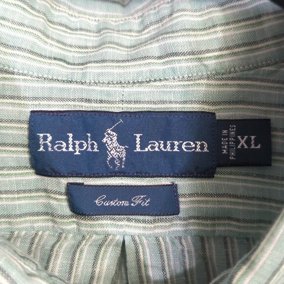 Ralph Lauren Shirt Men's XL Green Striped Linen Custom Fit Long Sleeve Button Up - Picture 4 of 10
